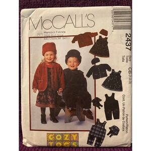 McCalls Sewing pattern 2437 kids top overalls dress hat sz 1 2 3